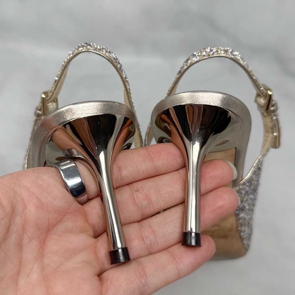 Jimmy Choo Erin 60 Platinum Glitter Pointed Toe Slingback Kitten Heel Pumps 38 - Picture 9 of 16